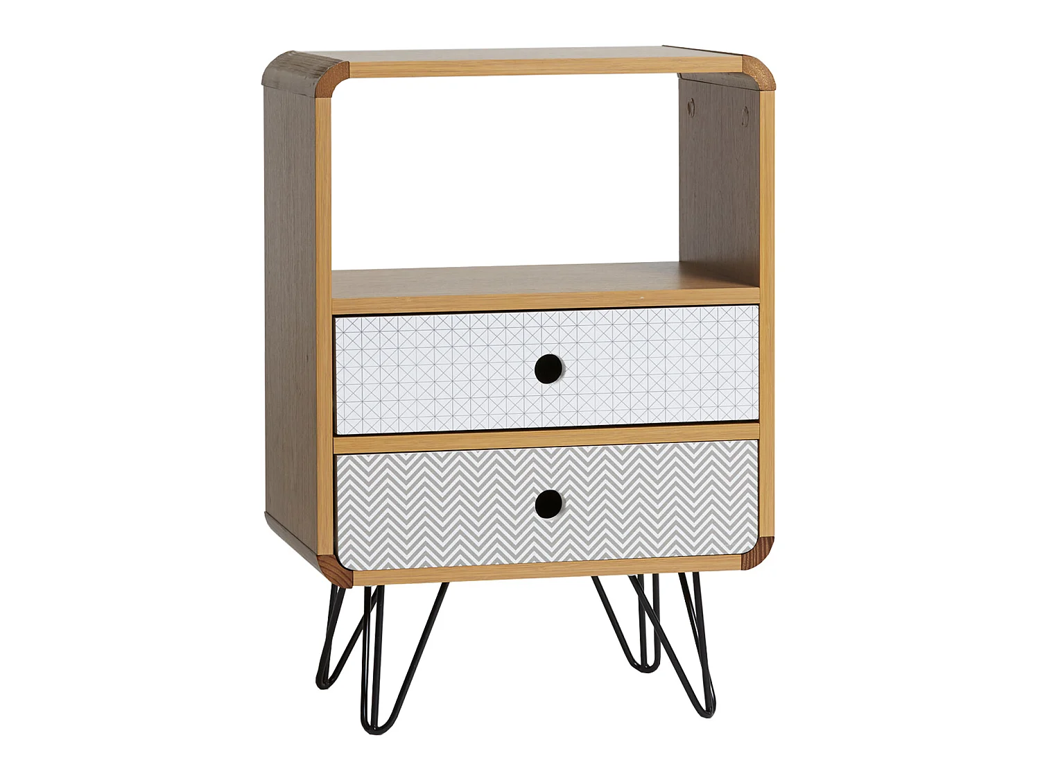 Table Chevet Buda 2 Tiroirs, Couleur chêne, Jambes en métal en Noir