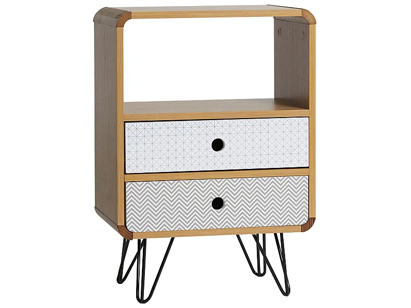 Mesa de cabeceira Buda 2 gavetas, cor carvalho, pernas de metal em preto.