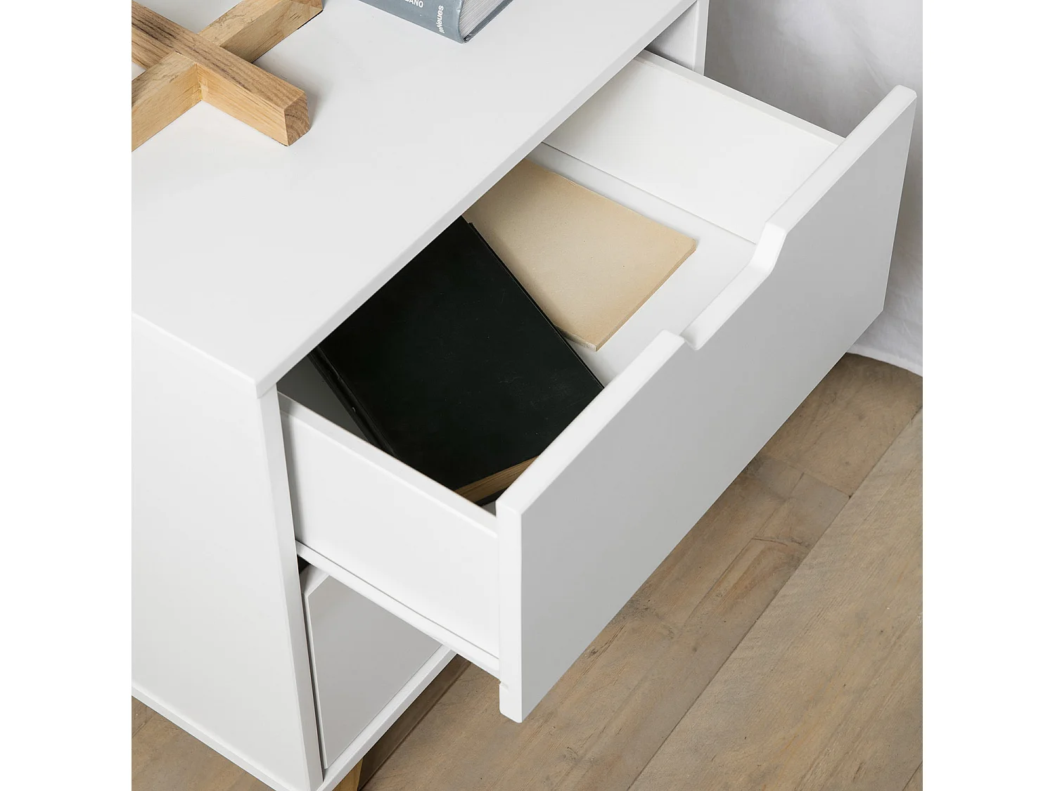 Table de Chevet Miranda 2 tiroirs Blanc, MDF laqué en couler Blanc