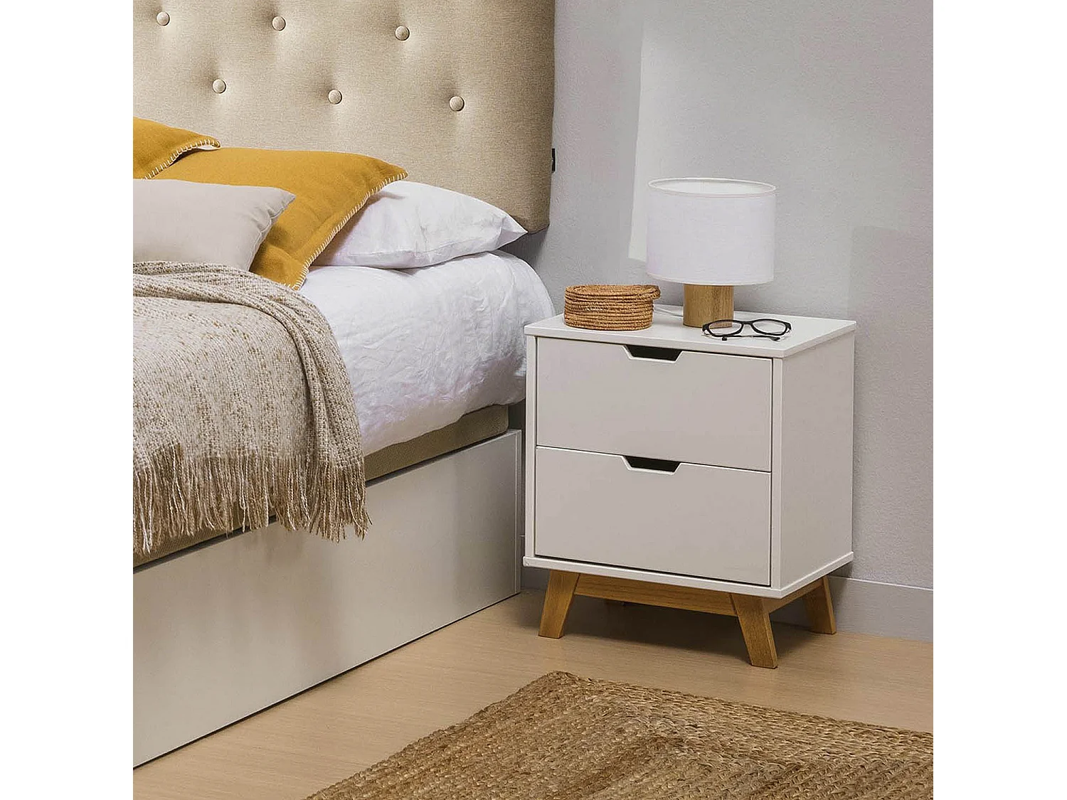 Table de Chevet Miranda 2 tiroirs Blanc, MDF laqué en couler Blanc