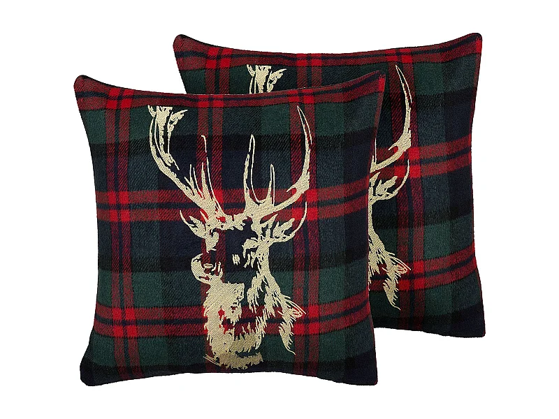 Lot de 2 coussins décoratifs RUDOLPH 45 x 45 cm Rouge Vert Doré Bleu Noir Motif de Noël