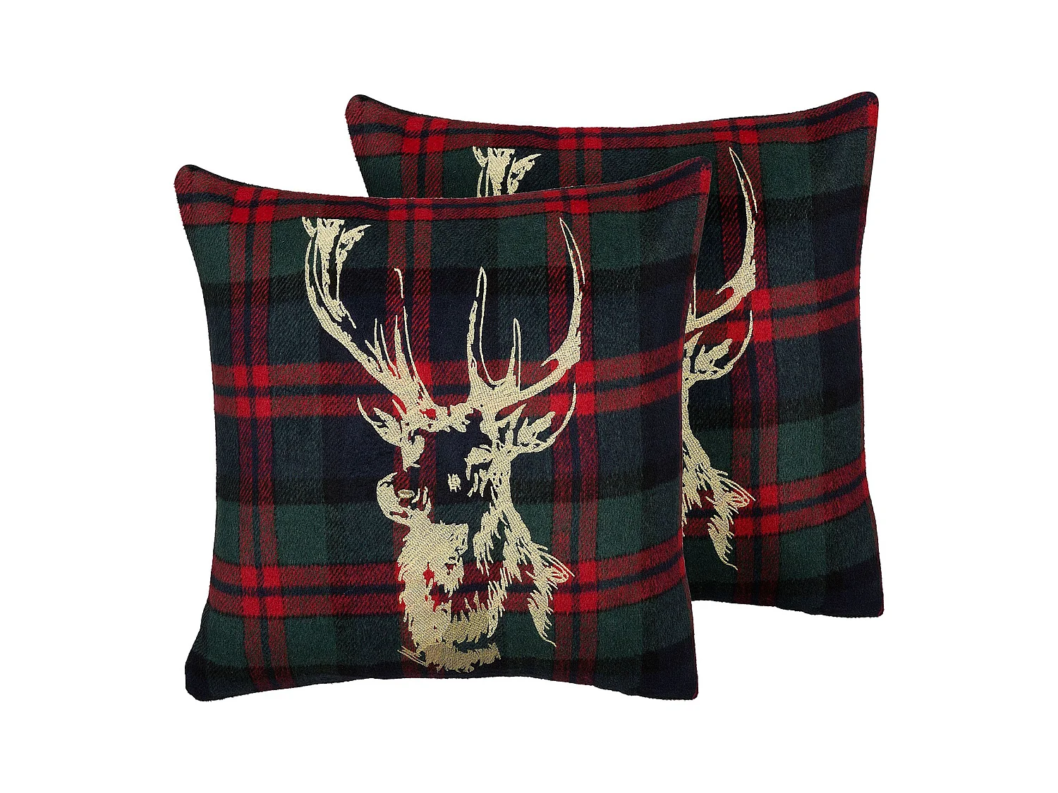 Kariertes Dekokissen mit Rentier-Aufdruck grün/rot/blau/gold im 2er Set Rudolph