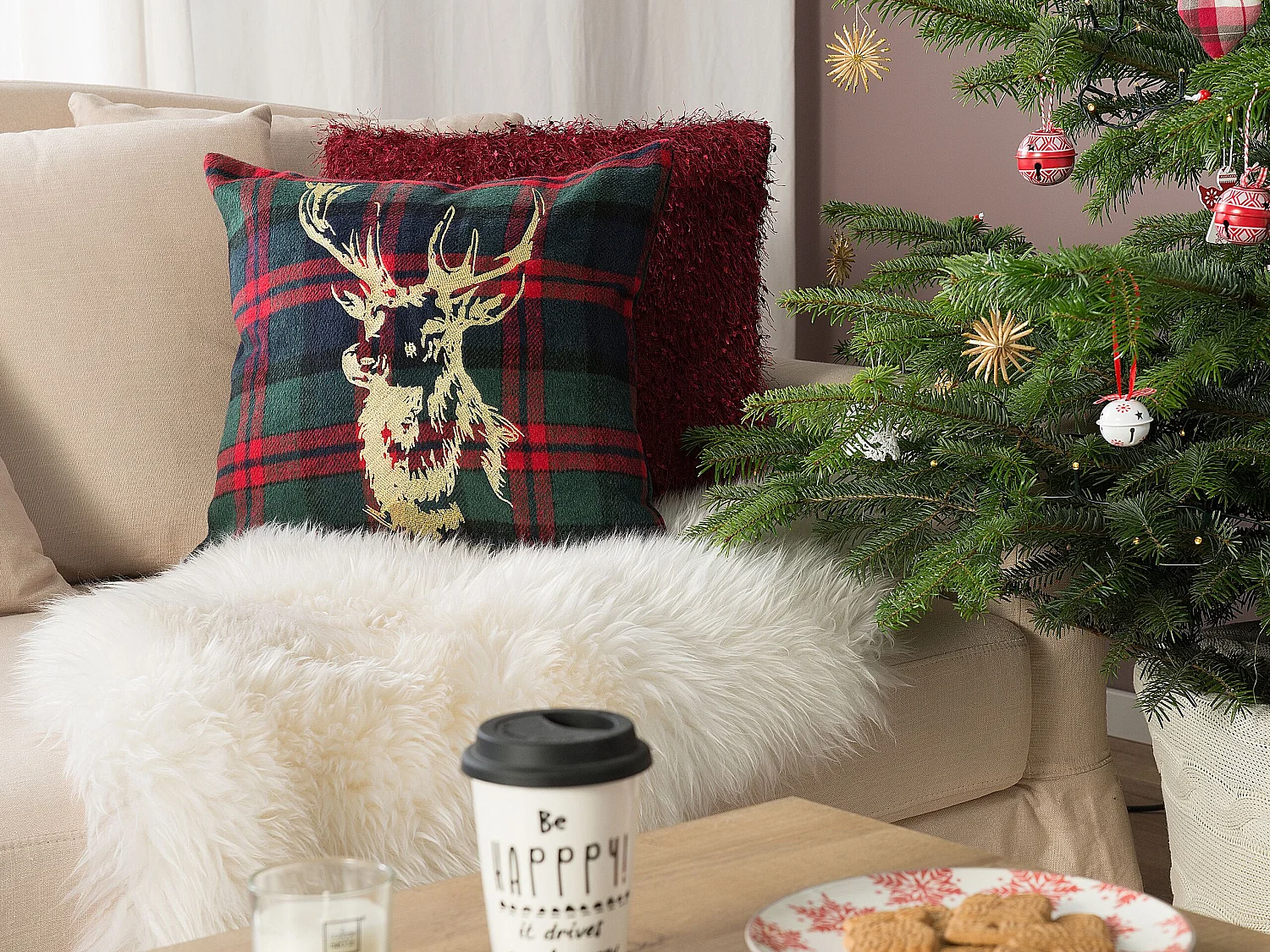Conjunto de 2 almofadas decorativas RUDOLPH 45 x 45 cm Vermelho Verde Dourado Azul Preto Padrão natalicio
