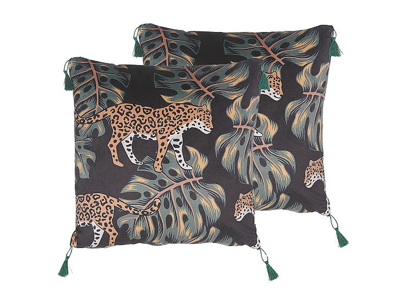 Lot de 2 coussins décoratifs KUHI Velours 45 x 45 cm Noir Motif animal