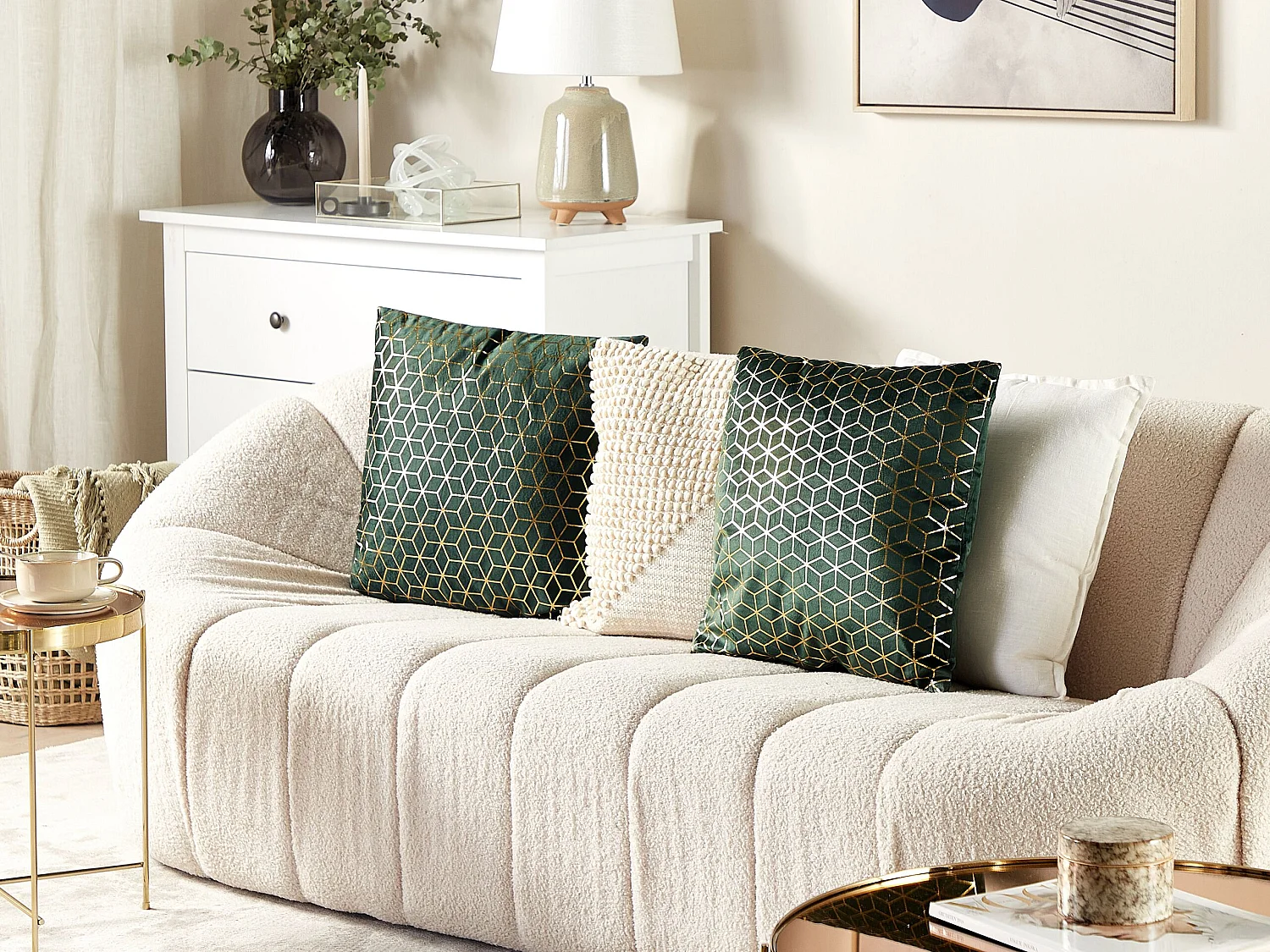 Dekokissen 2er Set 45 x 45 cm Samtstoff Netzmuster dunkelgrün gold Celosia