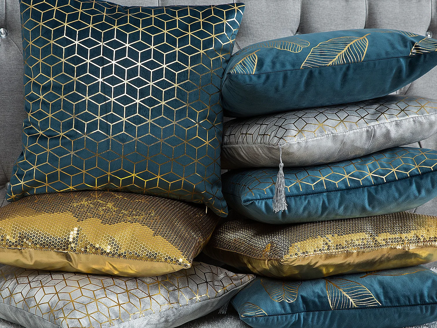 Lot de 2 coussins décoratifs FREESIA Velours 45 x 45 cm Bleu paon Motif de plante