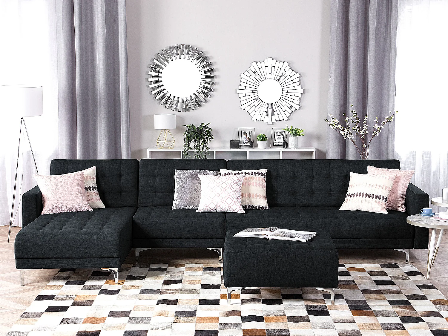 Canapé-lit d'angle modulable ABERDEEN Tissu Gris graphite avec ottoman 5 places Côté droit