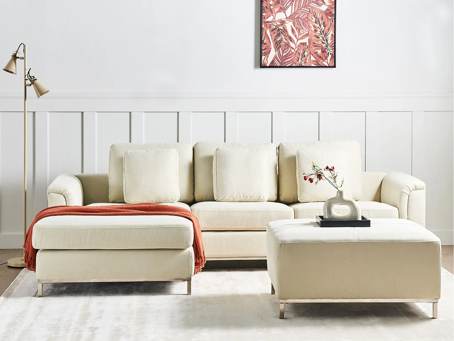 Canapé Angle à gauche en Tissu Beige et Pouf Ottoman Housses Amovibles Oslo