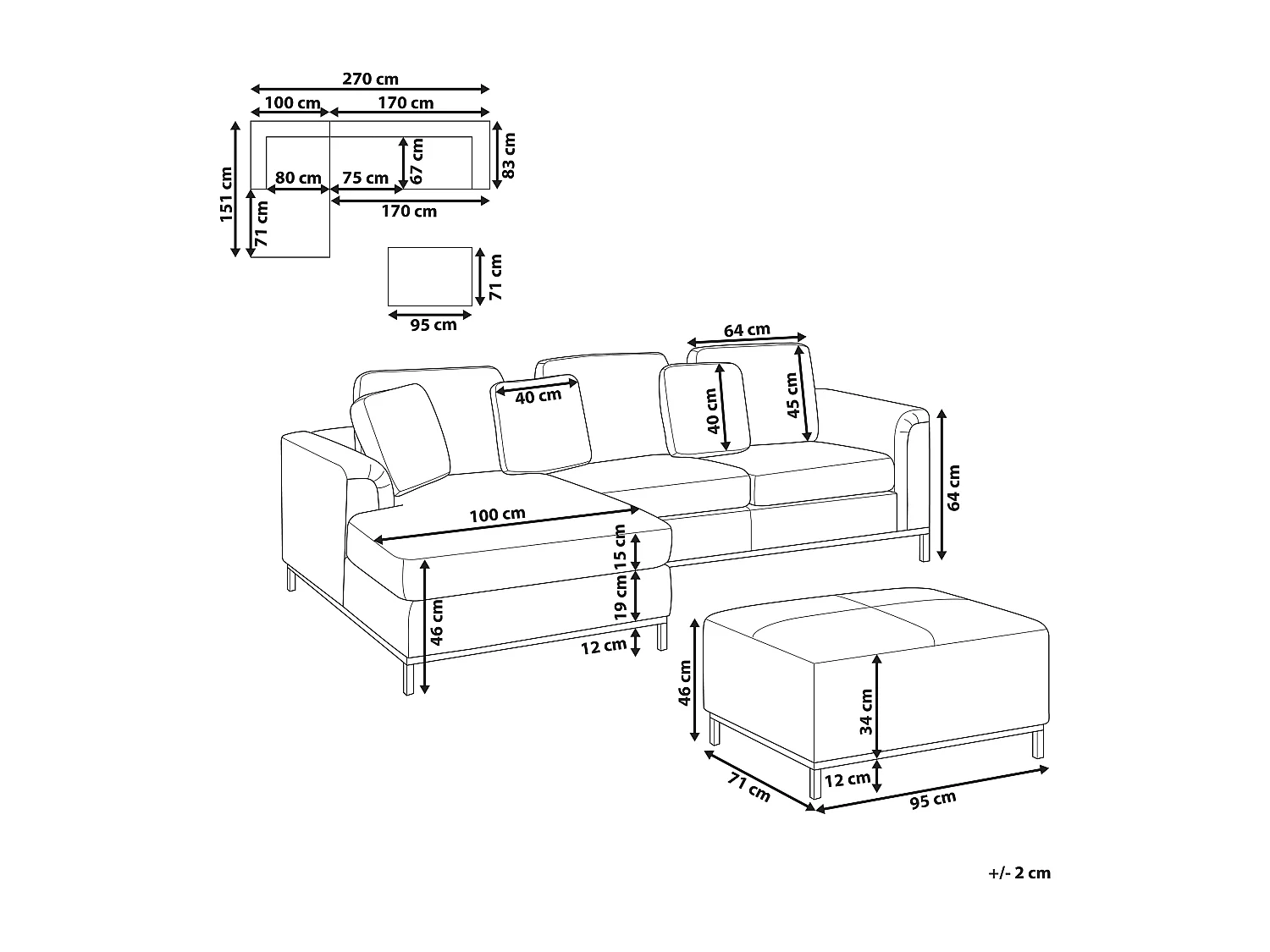 Canapé Angle à gauche en Tissu Beige et Pouf Ottoman Housses Amovibles Oslo