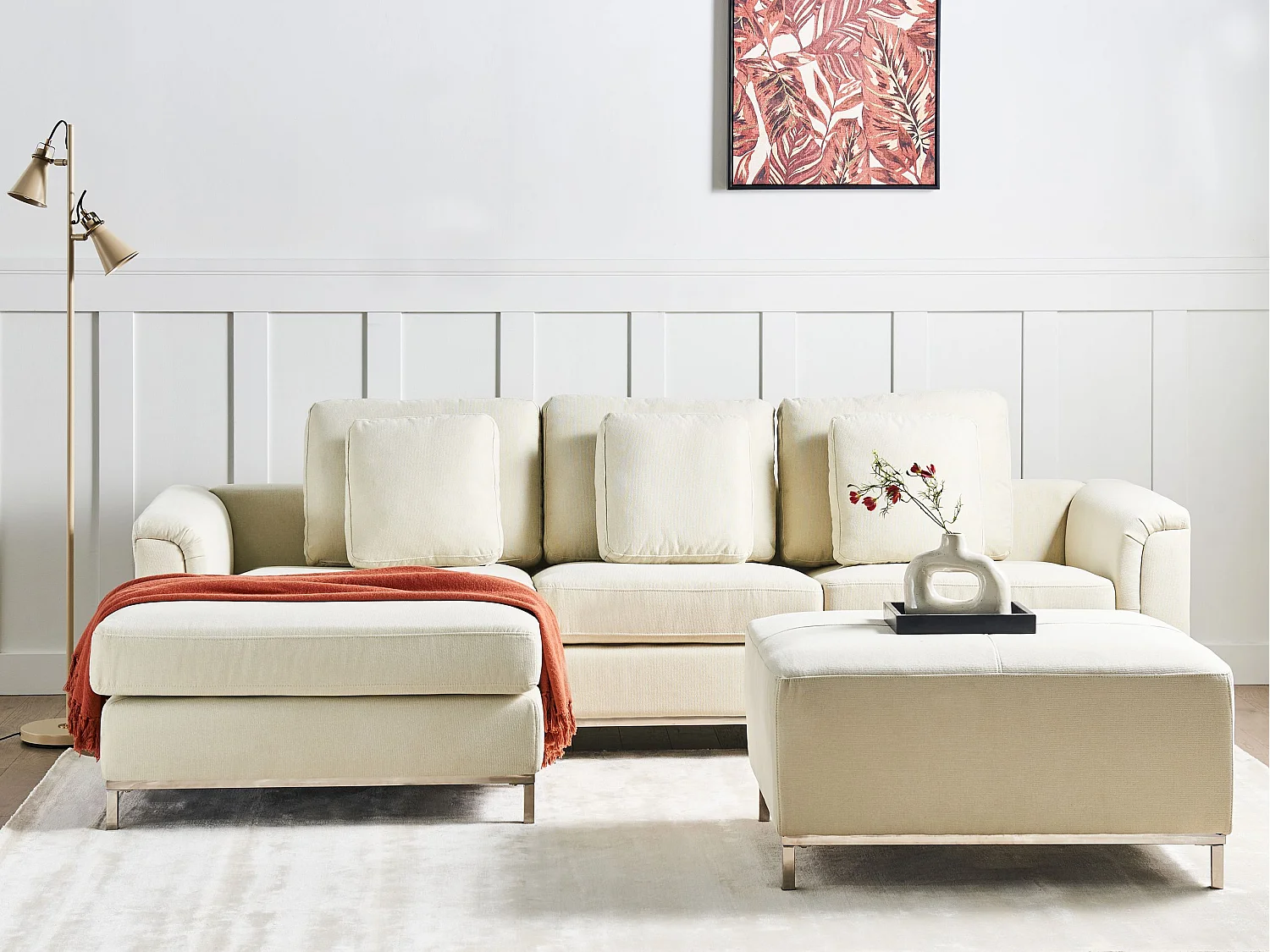 Canapé d'angle OSLO Tissu Beige clair avec ottoman 5 places Côté droit