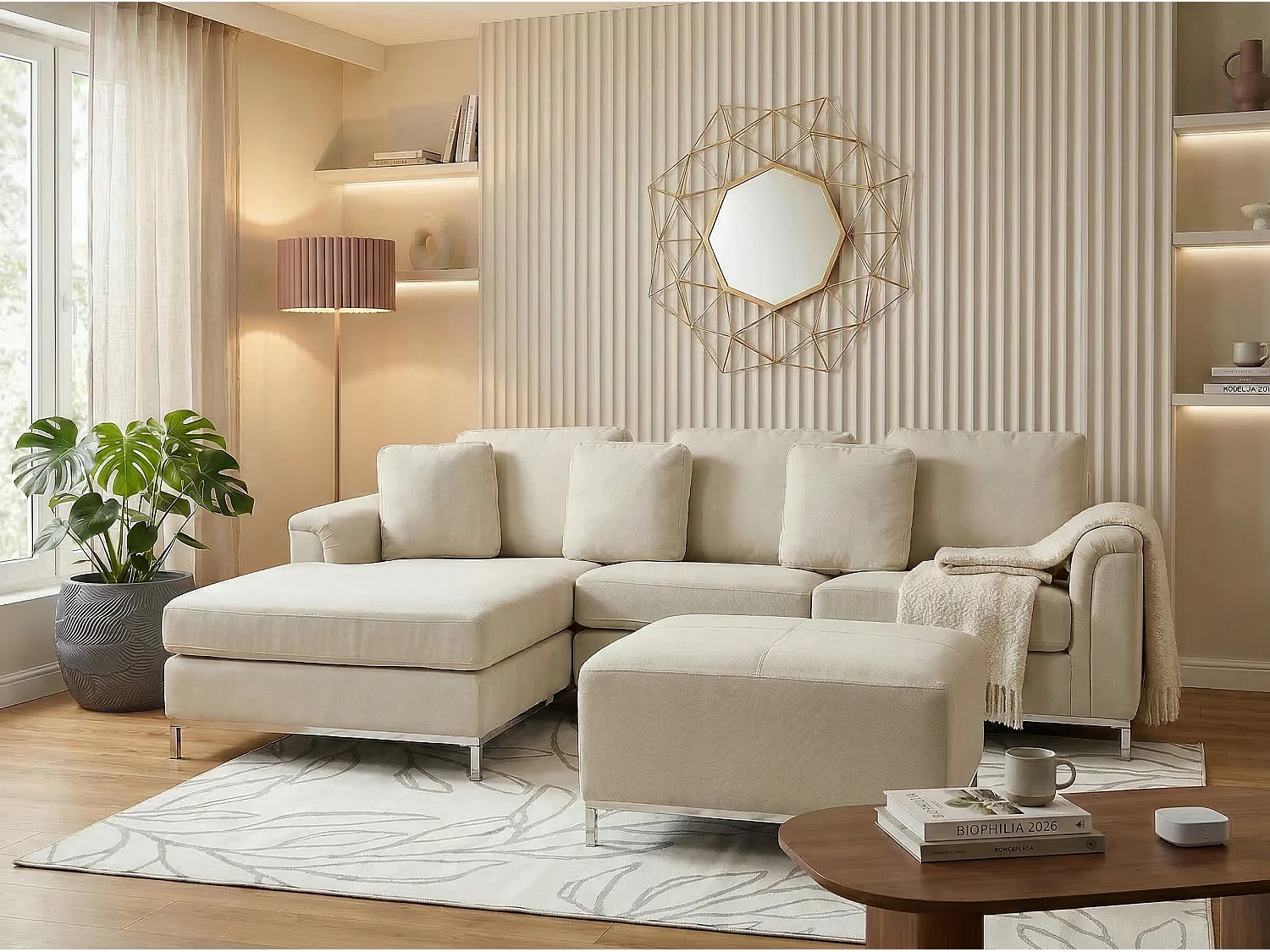 Modernes Ecksofa mit Ottomane rechtsseitig beige Polsterbezug Oslo