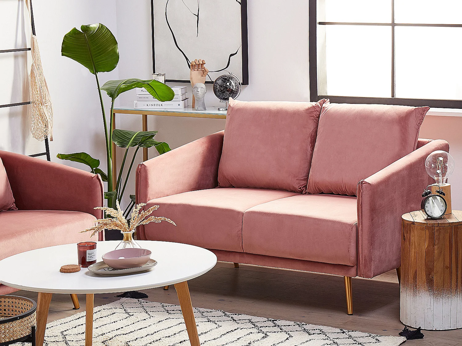 Modernes 2er Retro-Sofa aus Samtstoff in Rosa Maura