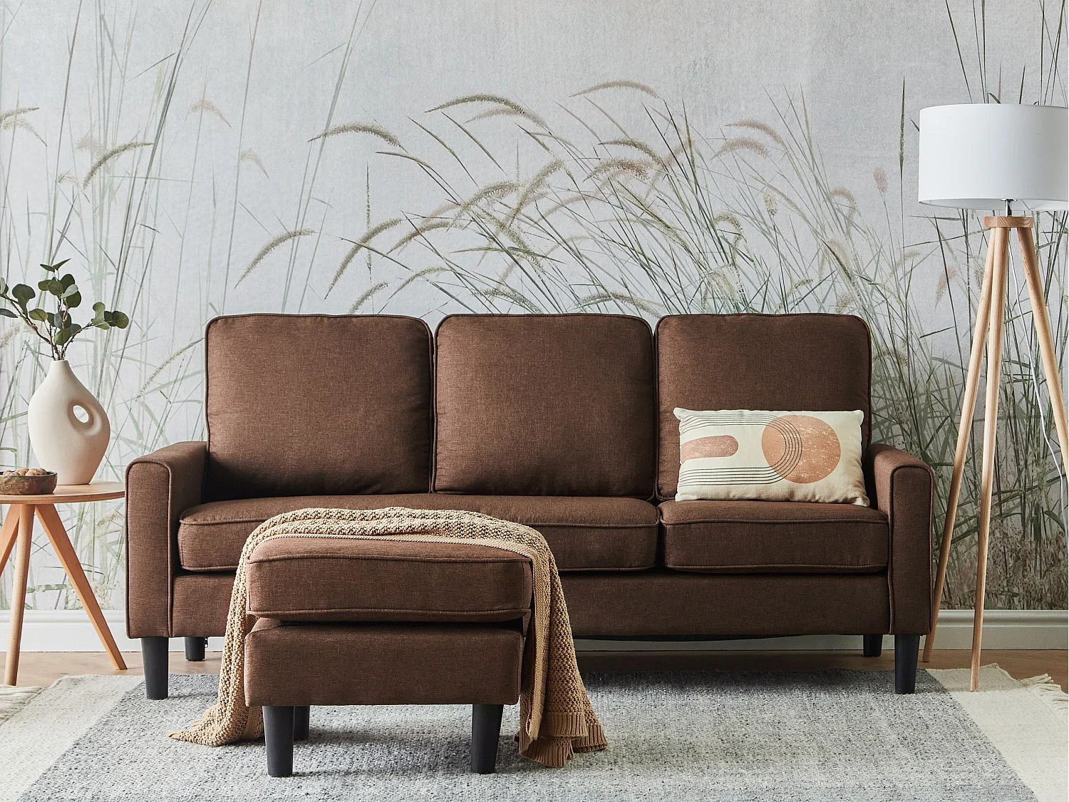 Canapé AVESTA Tissu Marron avec ottoman 3 places