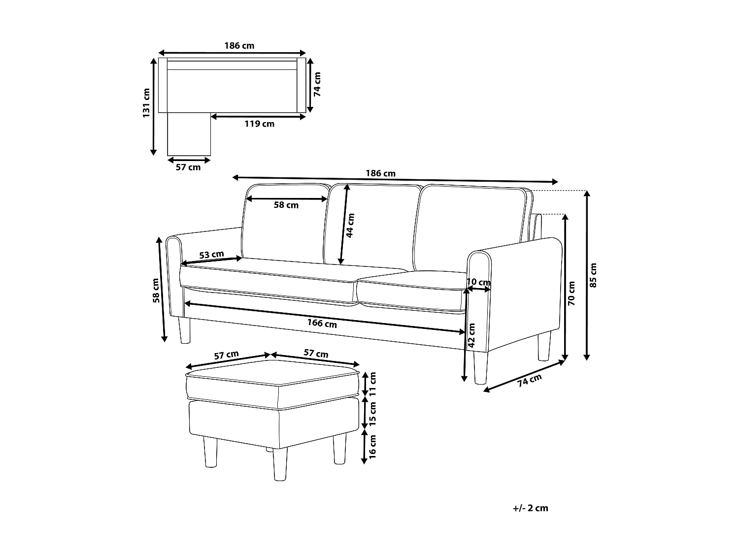 Canapé 3 places AVESTA Tissu Marron avec ottoman