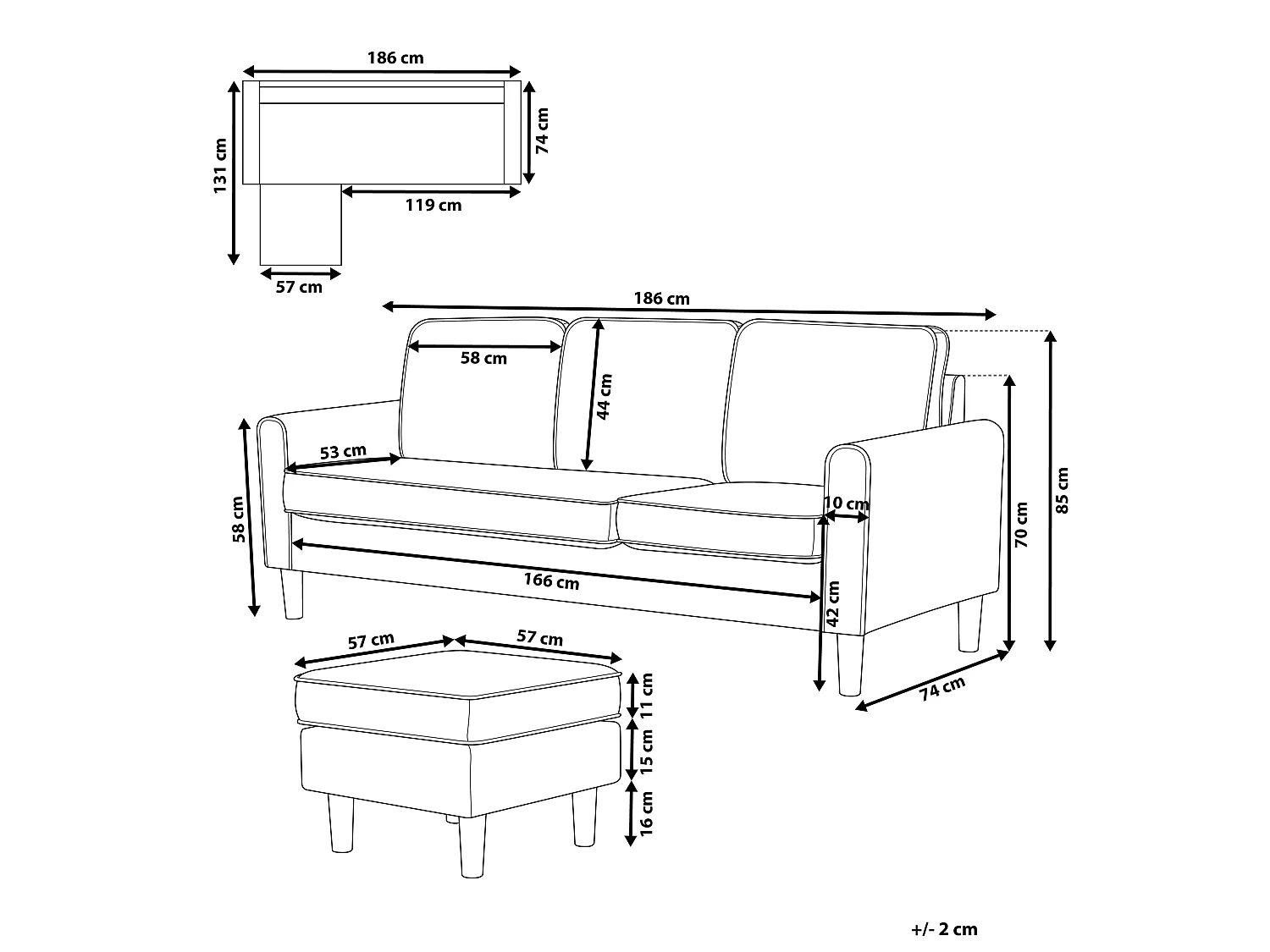 Canapé AVESTA Tissu Marron avec ottoman 3 places