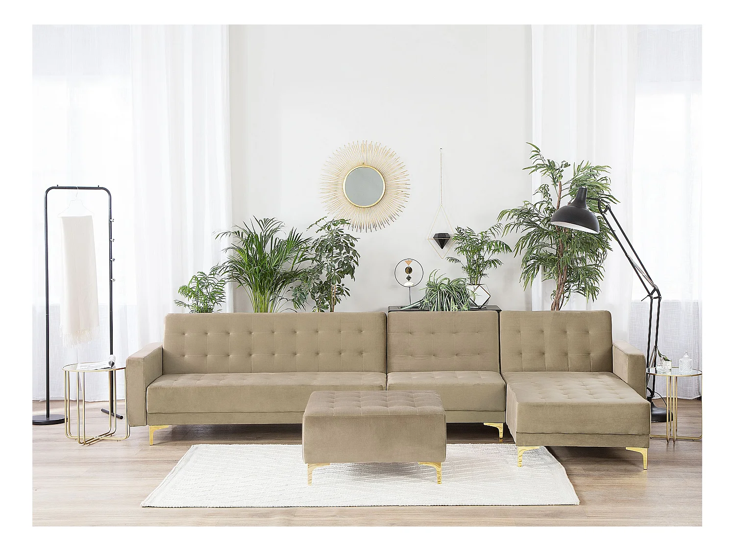 Canapé-lit d'angle modulable 5 places ABERDEEN Velours Beige sable avec ottoman Côté droite