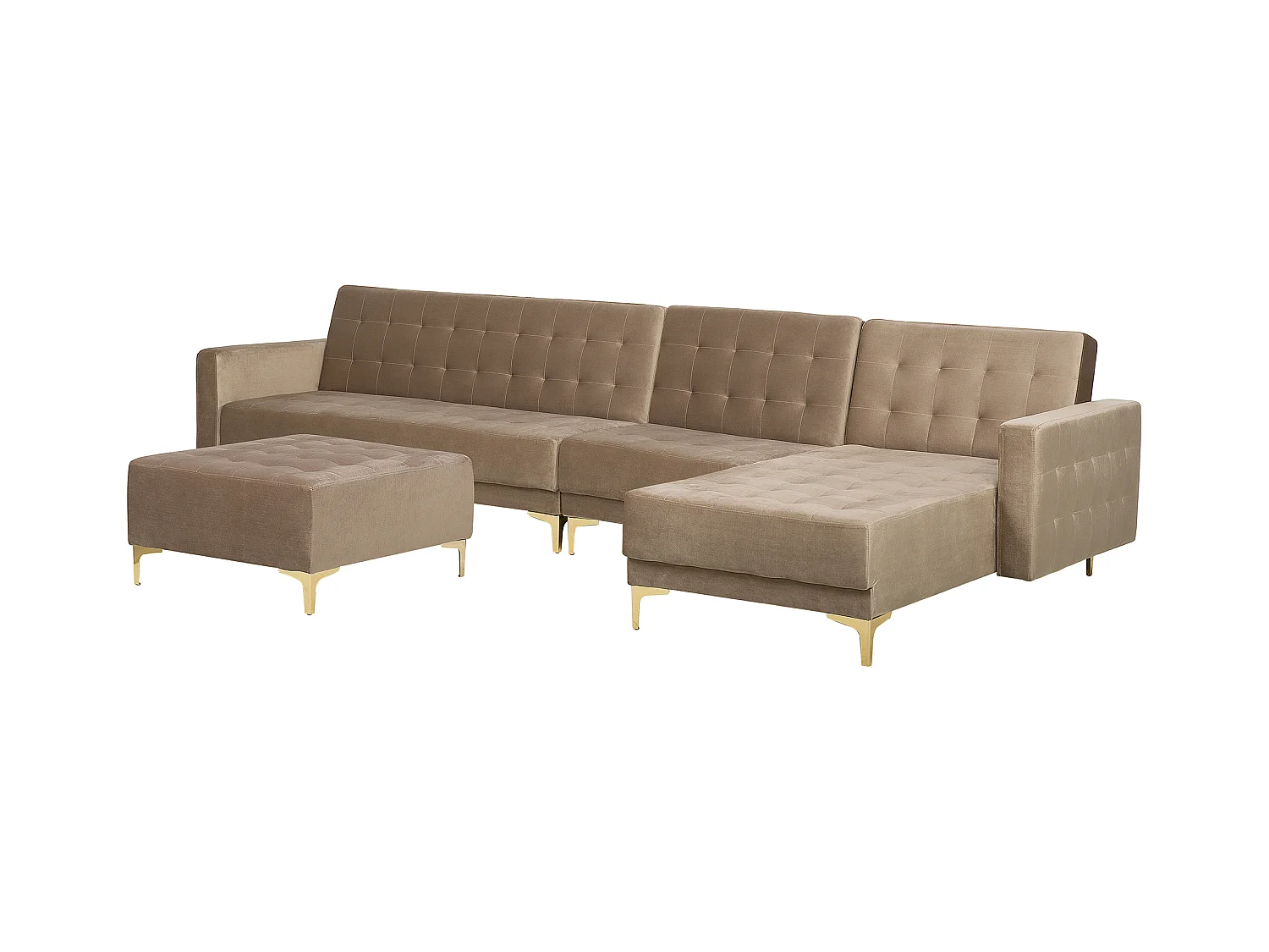 Canapé-lit d'angle modulable 5 places ABERDEEN Velours Beige sable avec ottoman Côté droite