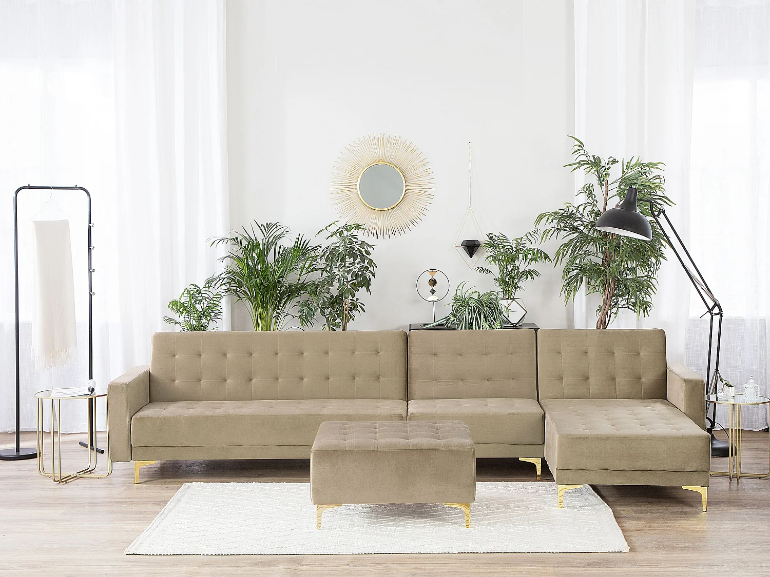 Modul Eckschlafsofa ABERDEEN Samtstoff Sandbeige mit Ottomane 5-Sitzer linksseitig