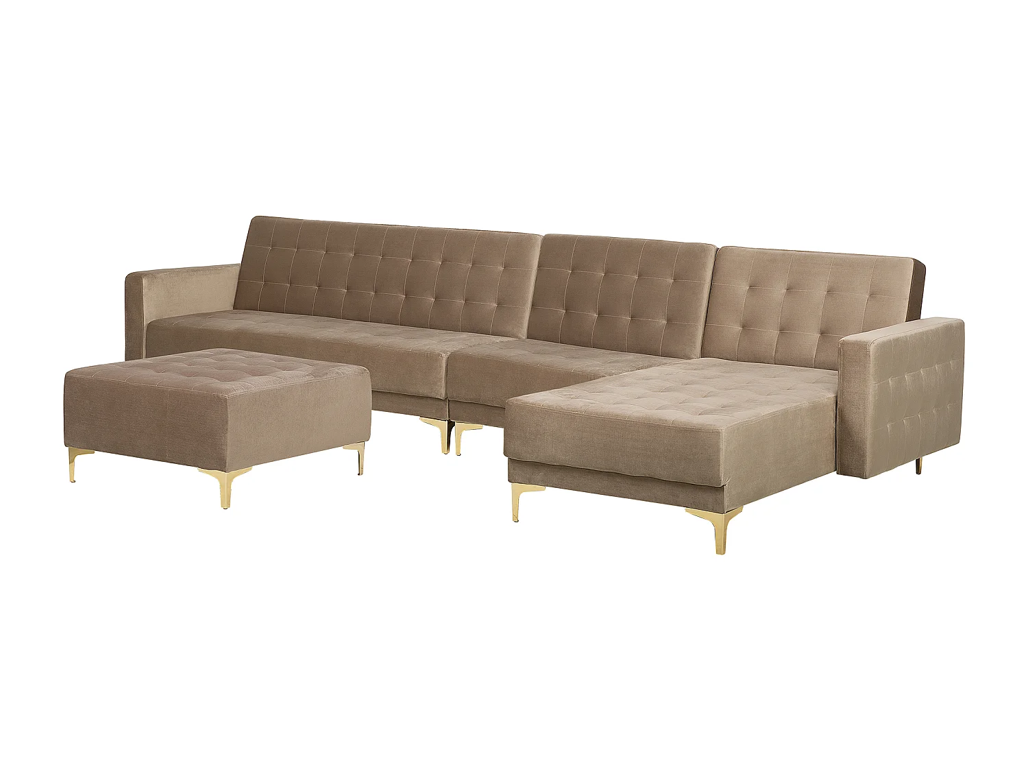 Canapé-lit d'angle modulable 5 places ABERDEEN Velours Beige sable avec ottoman Côté droite