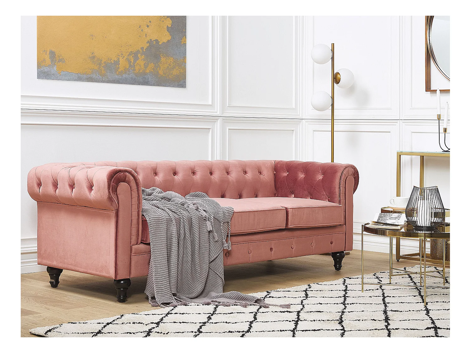 Klassisches Polstersofa 3er-Sitzer Samtstoff rosa Chesterfield