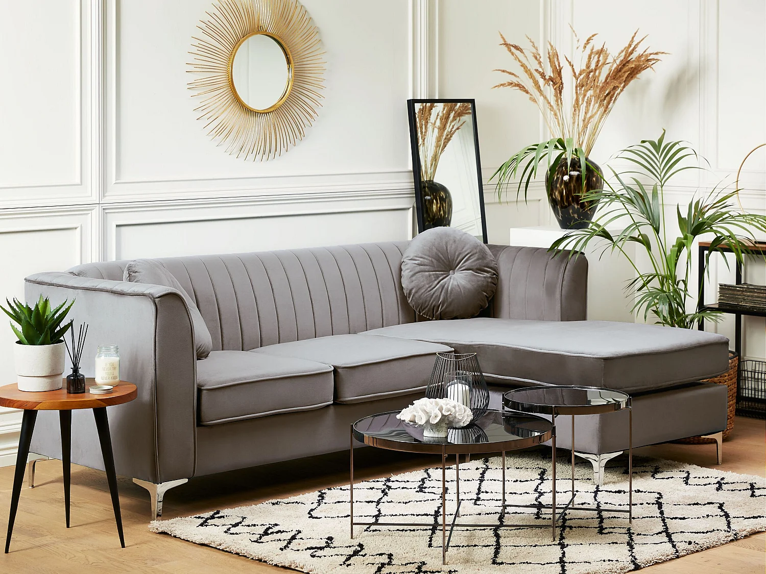 Hoekbank fluweel grijs linkszijdig TIMRA