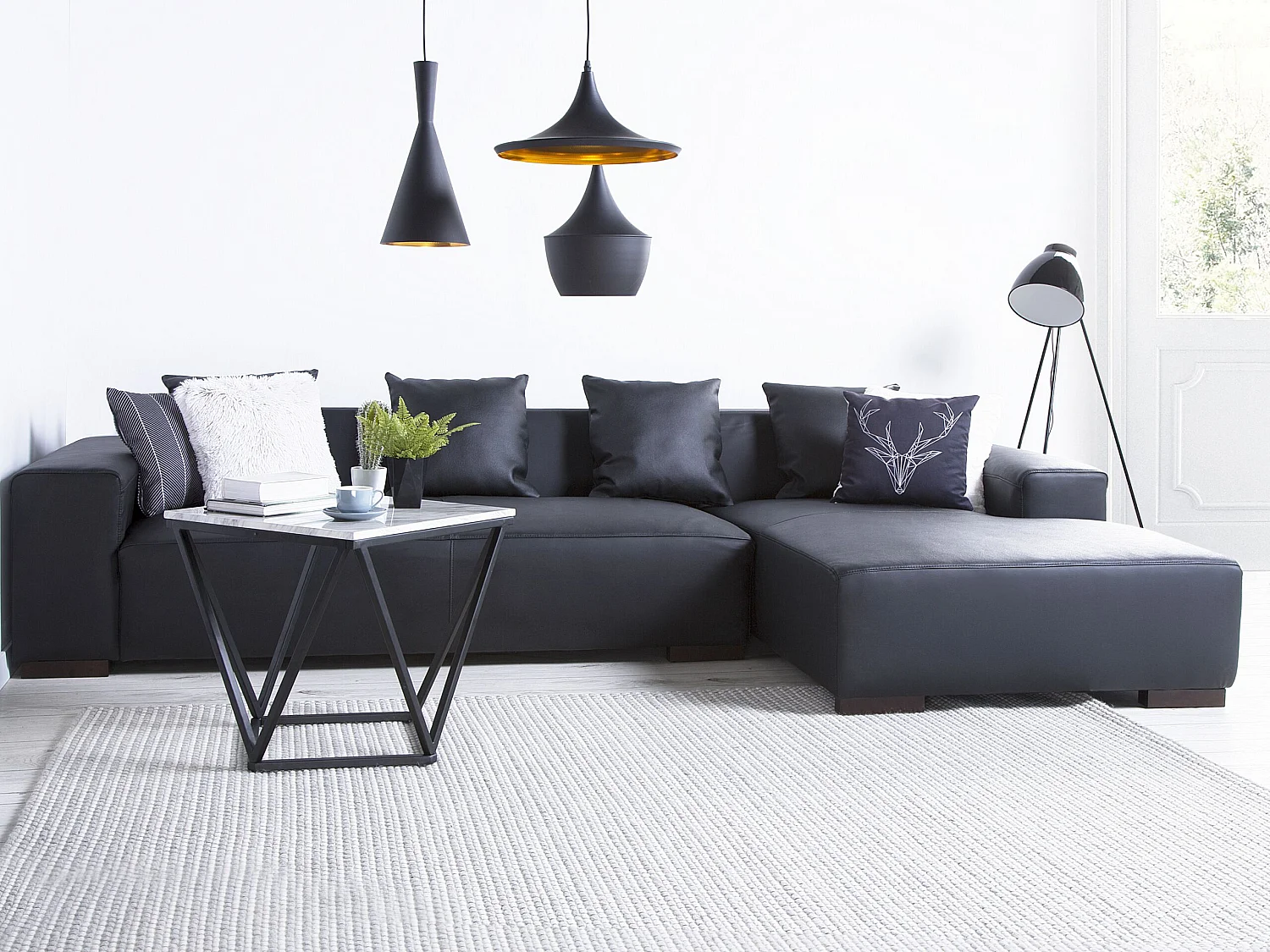 4-Sitzer Sofa Leder schwarz linksseitig LUNGO