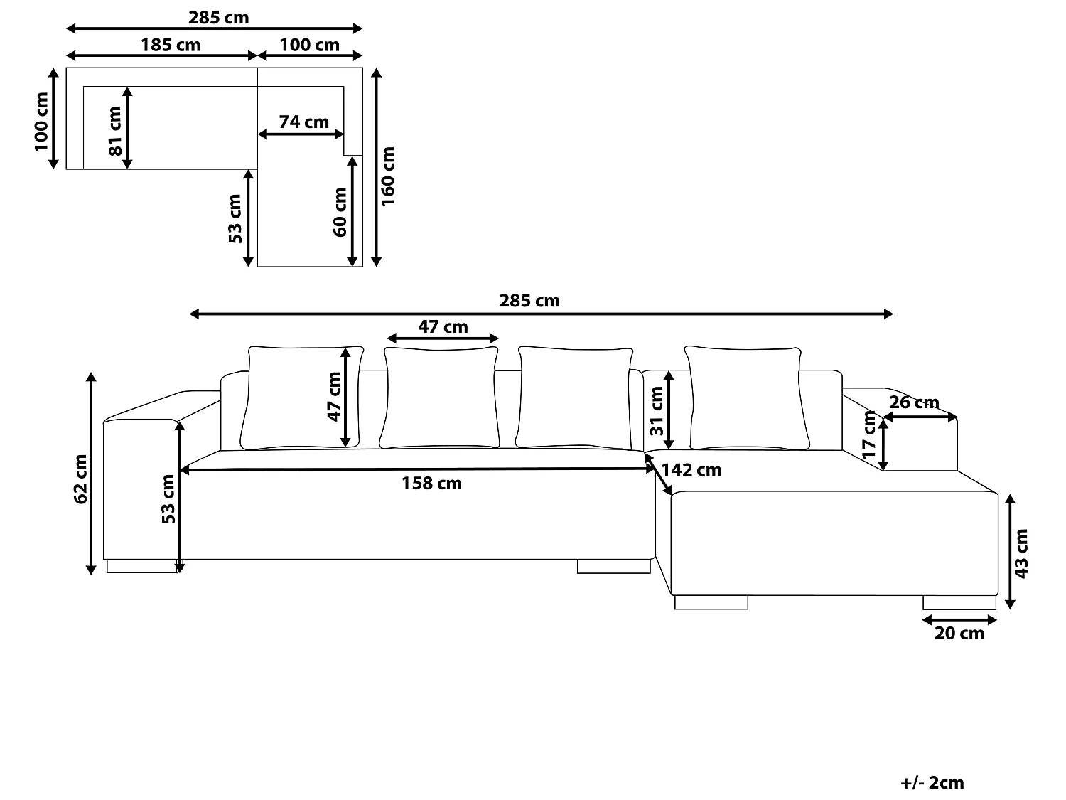 4-Sitzer Sofa Leder schwarz linksseitig LUNGO