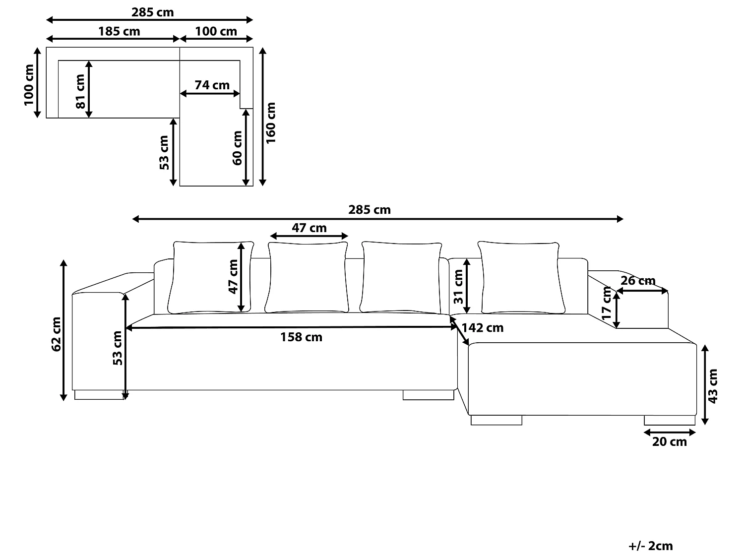 Canapé Angle à droite en Cuir et Cuir PU Noir 4 Places Assise Rembourrée Lungo