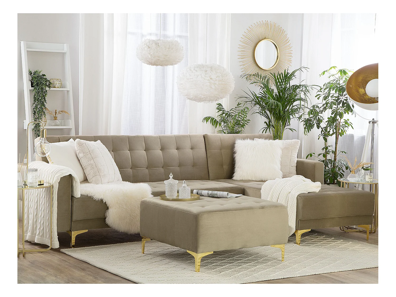 4-Sitzer Schlafsofa Samtstoff sandbeige linksseitig mit Ottomane Aberdeen