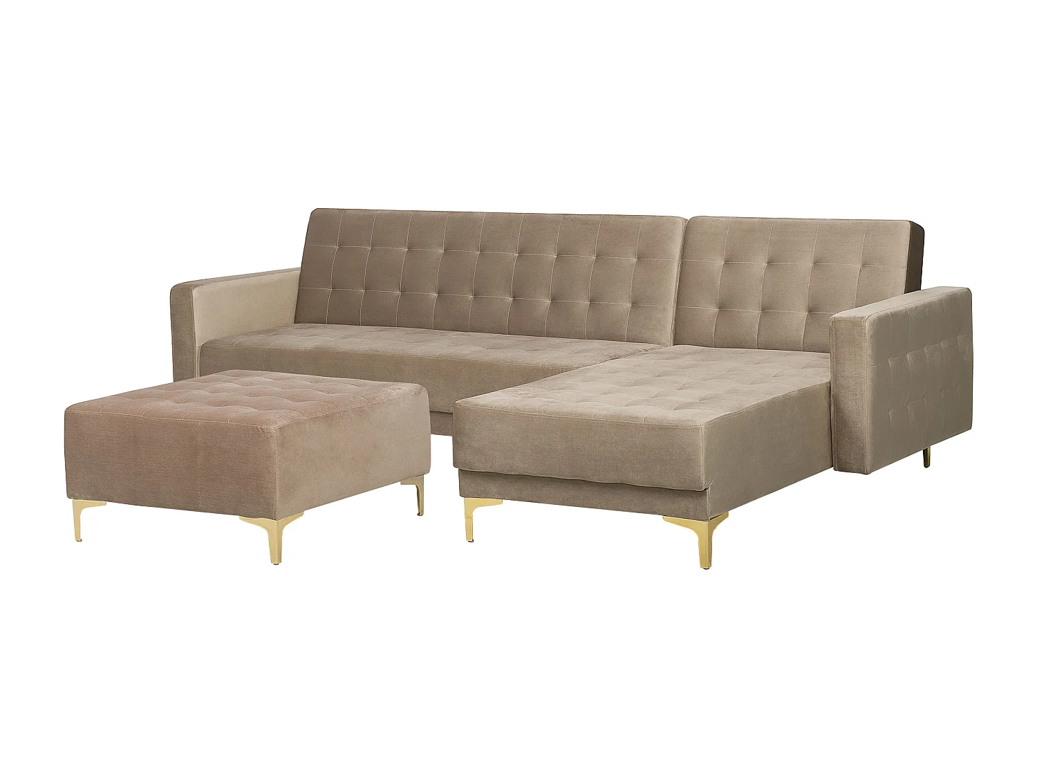 Canapé-lit d'angle modulable 4 places ABERDEEN Velours Beige sable avec ottoman Côté droite