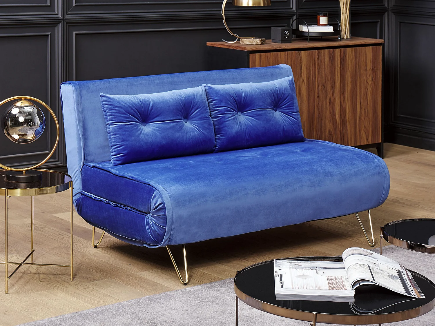 2-Sitzer Sofa marineblau Samtstoff mit Schlaffunktion und Zierkissen Vestfold
