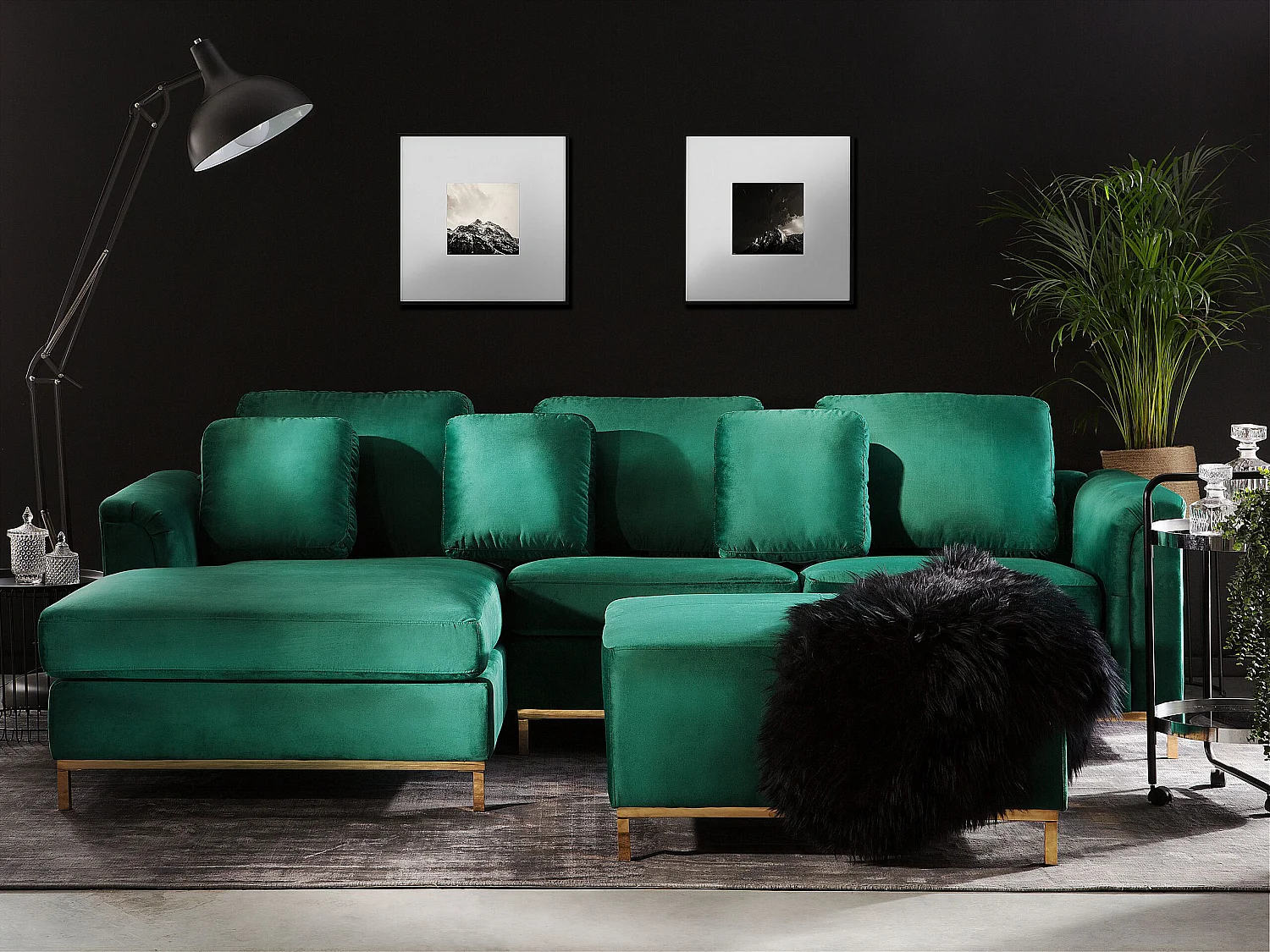 Canapé d'angle OSLO Velours Vert foncé avec ottoman 5 places Côté droit