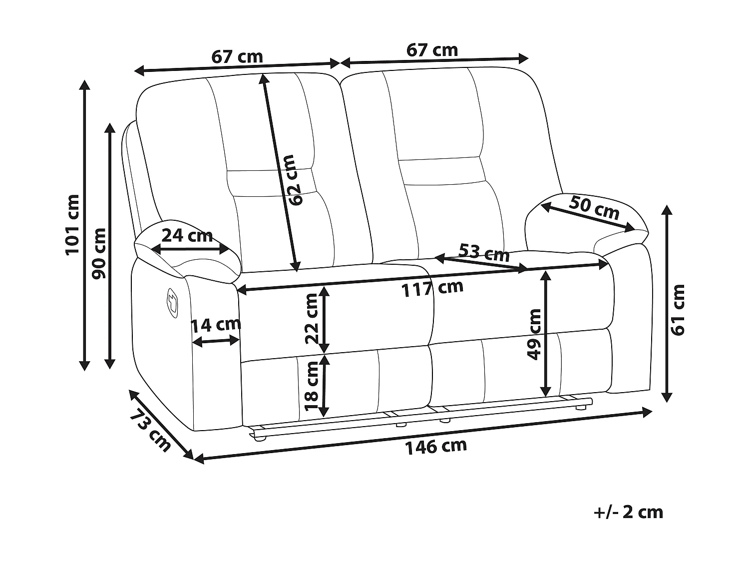 Sofa manuell verstellbar BERGEN Kunstleder Schwarz 2-Sitzer