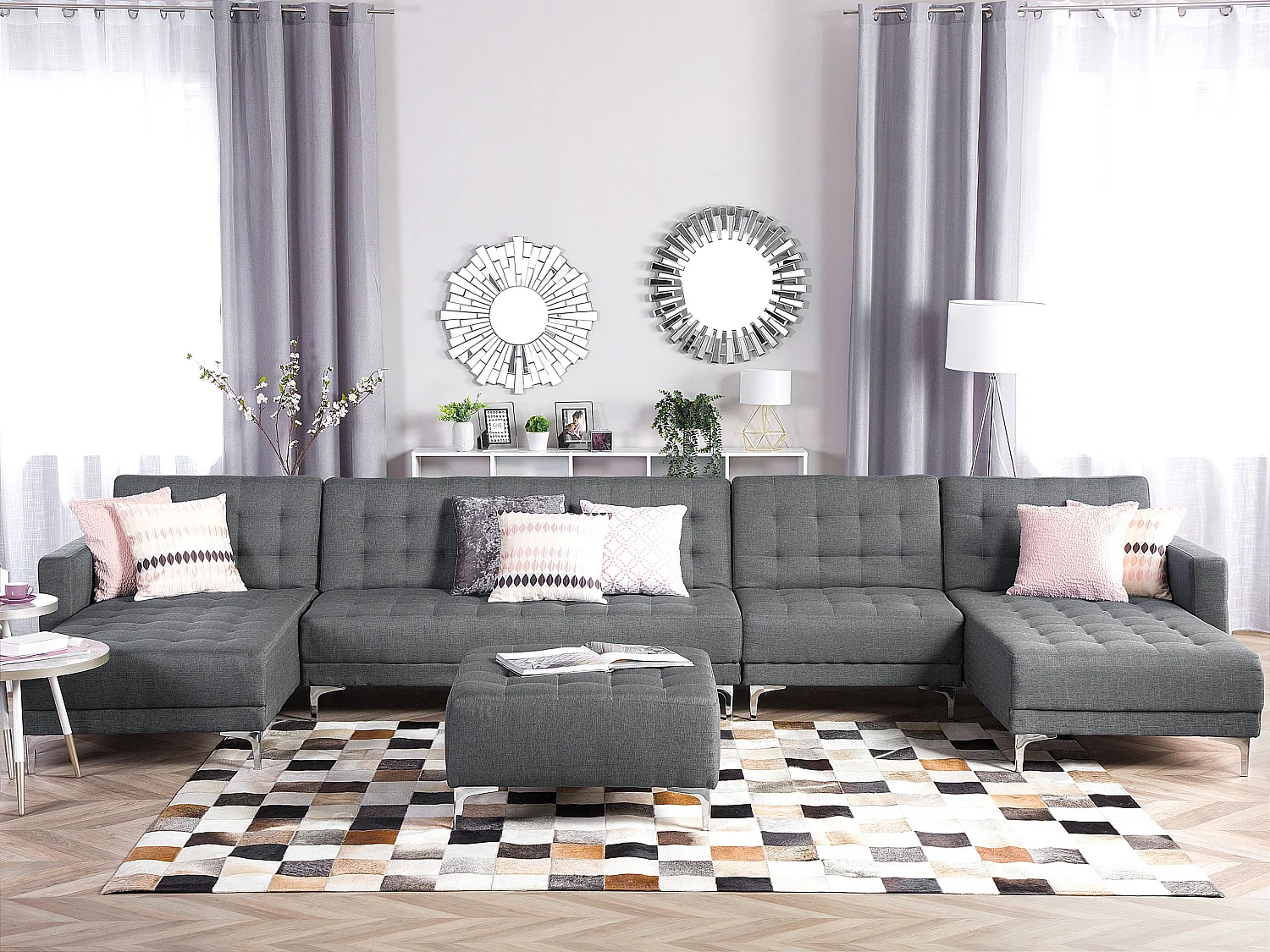 Canapé-lit modulable en forme de U 6 places ABERDEEN Tissu Gris clair Réversible