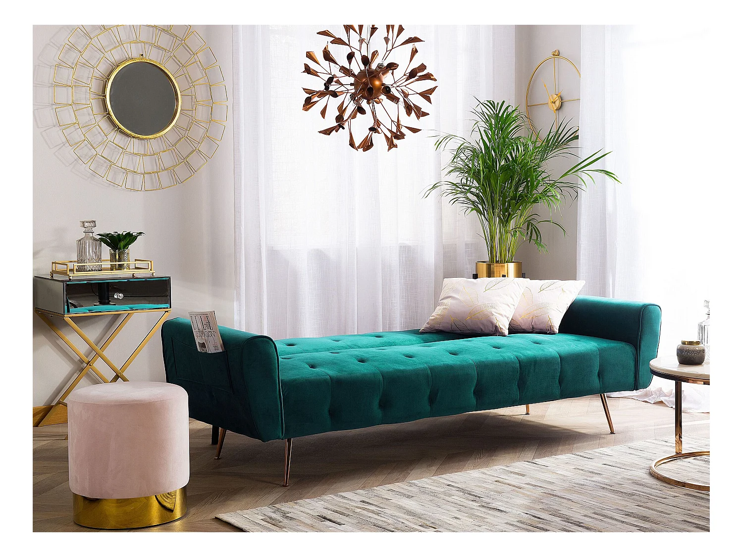 3-Sitzer Schlafsofa Samt grün gesteppt mit hohen Metallfüßen kupfer Selnes