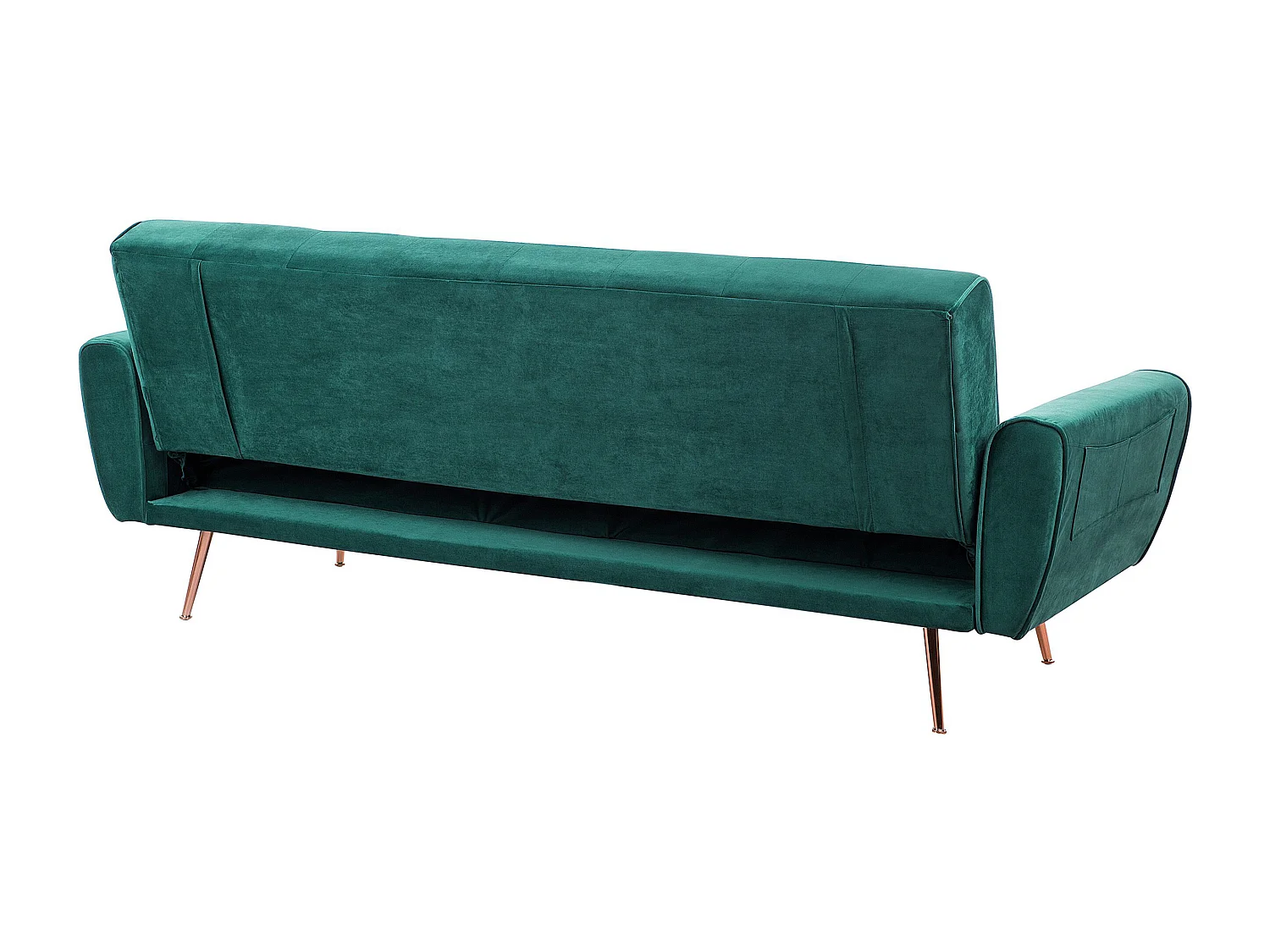 3-Sitzer Schlafsofa Samt grün gesteppt mit hohen Metallfüßen kupfer Selnes