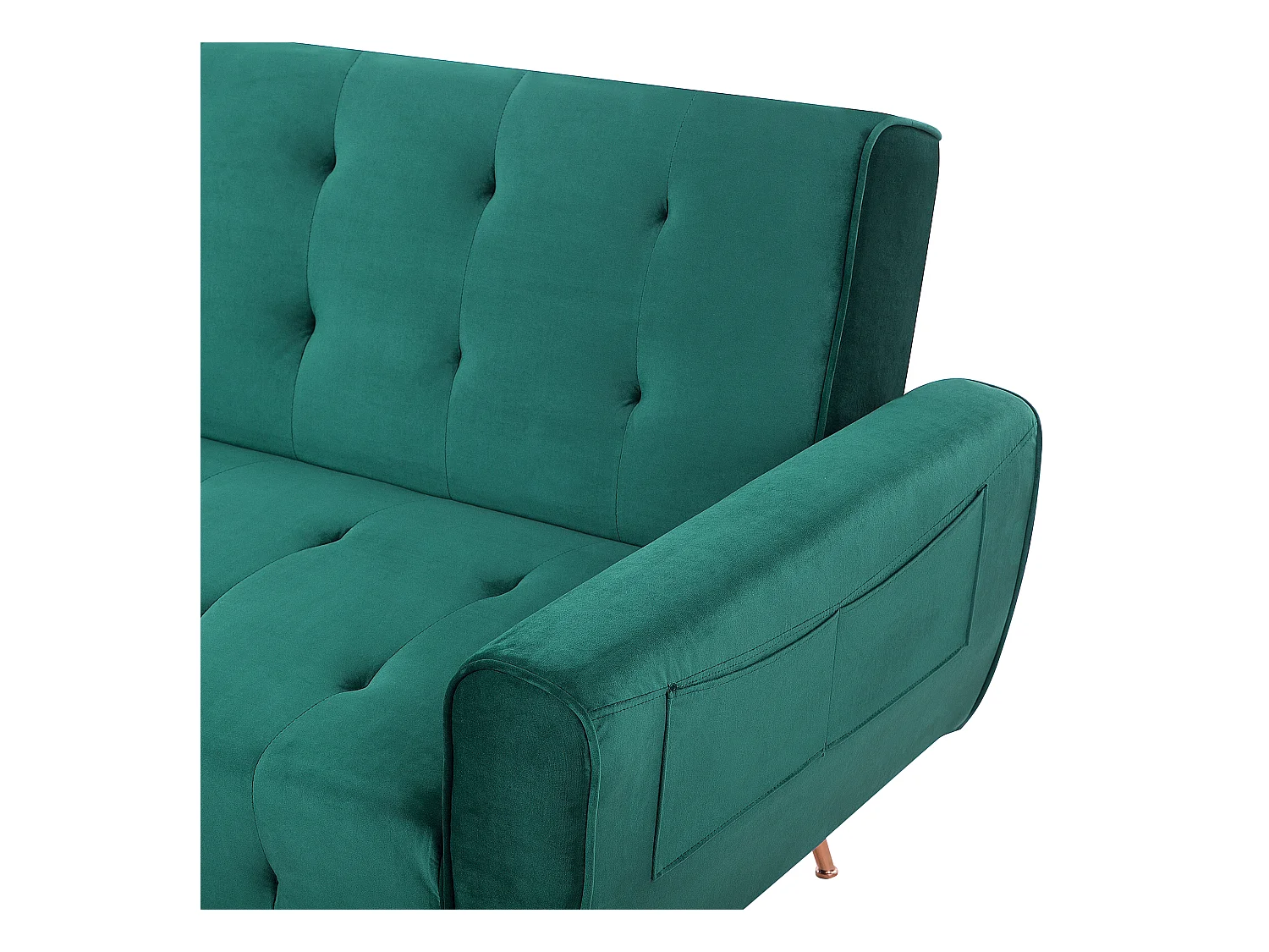 3-Sitzer Schlafsofa Samt grün gesteppt mit hohen Metallfüßen kupfer Selnes
