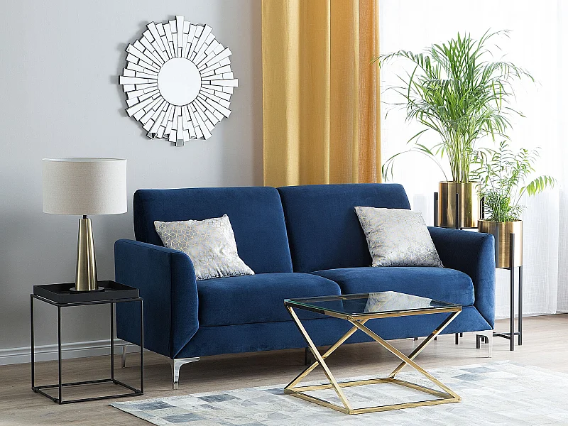 3-Sitzer Sofa Samt blau mit silbernen Metallfüßen dicke Sitzkissen Fenes
