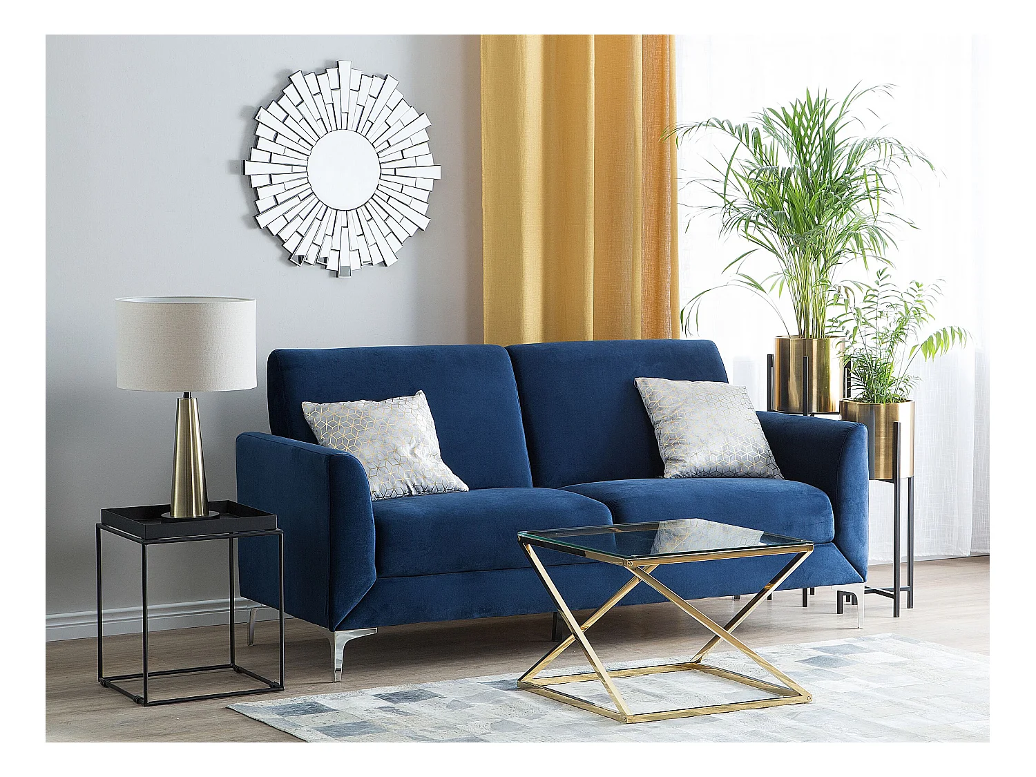 3-Sitzer Sofa Samt blau mit silbernen Metallfüßen dicke Sitzkissen Fenes