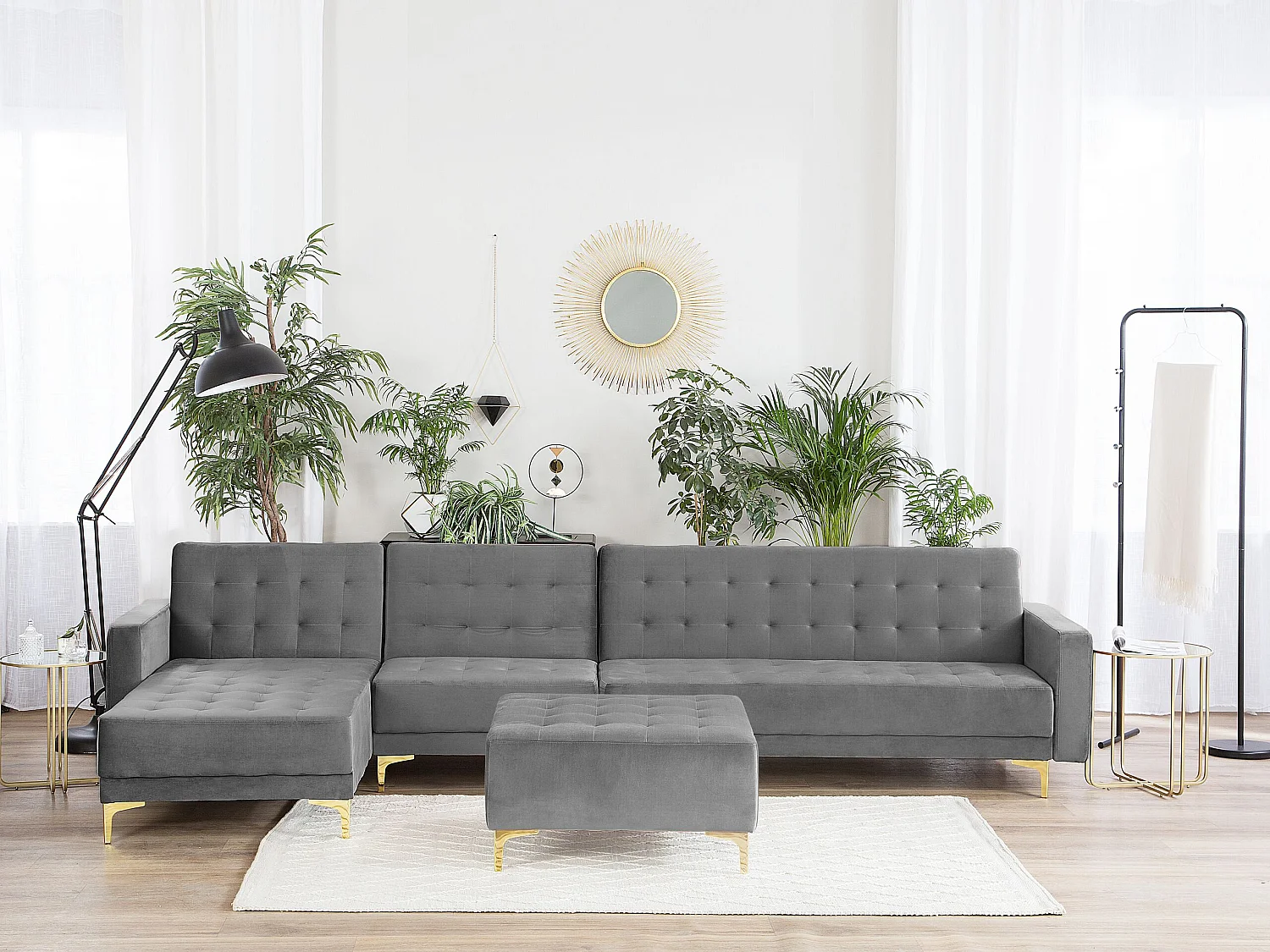 Modulaire hoekslaapbank ABERDEEN Fluweel Grijs Met ottomaan 5-zitter Rechterzijde