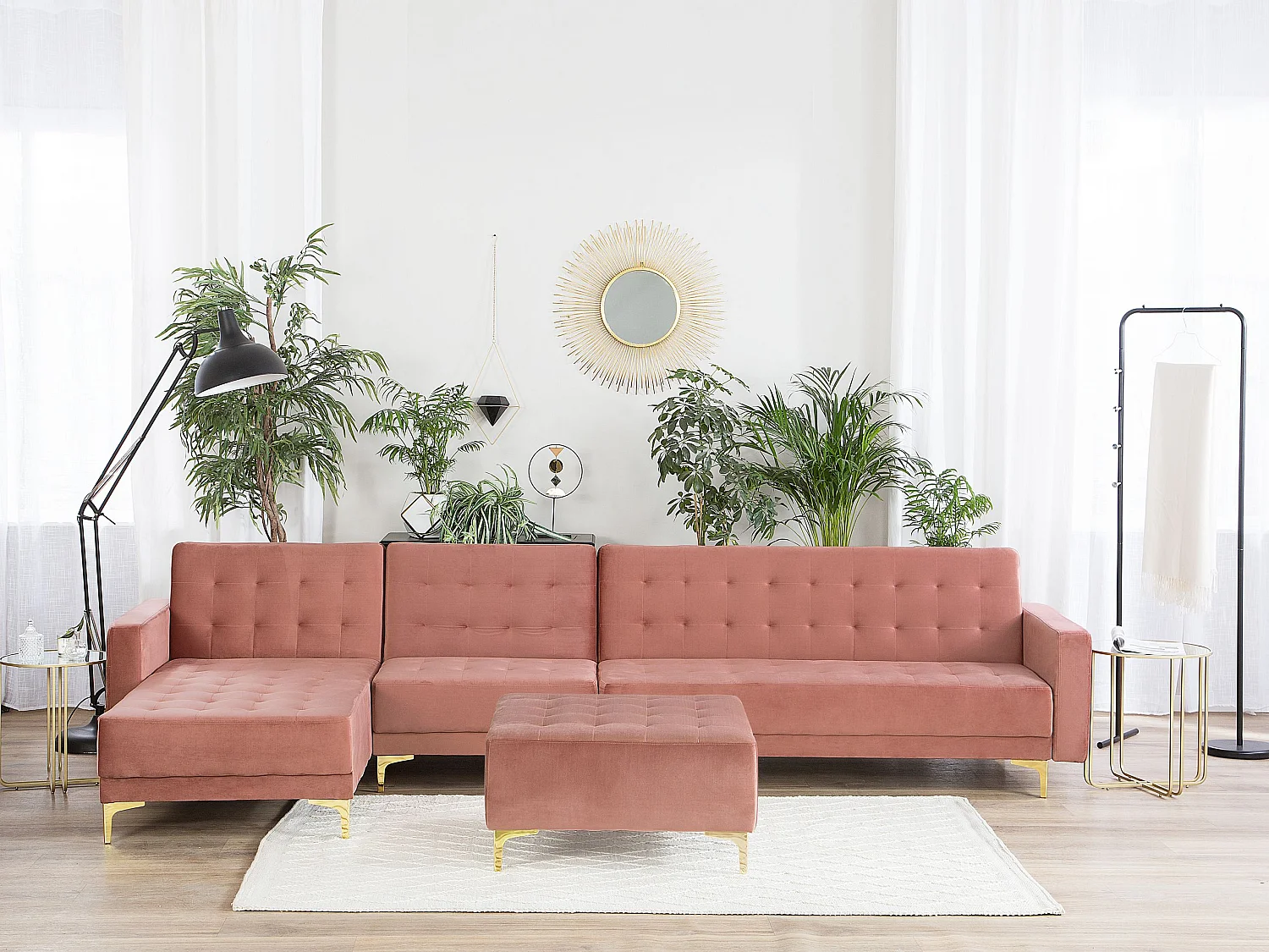 Sofá-cama de canto modular ABERDEEN Veludo Rosa com repousa-pés 5 lugares à direita