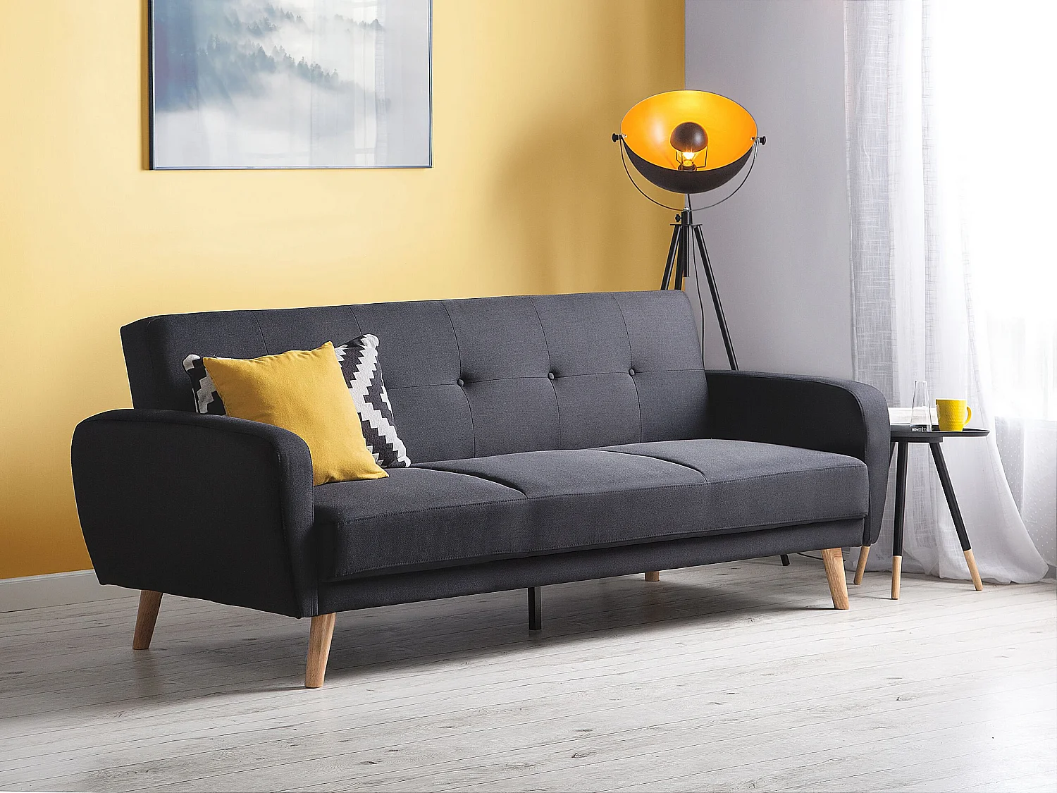 3-Sitzer Sofa Stoffbezug schwarz mit Schlaffunktion Holzbeine Schlafsofa Florli