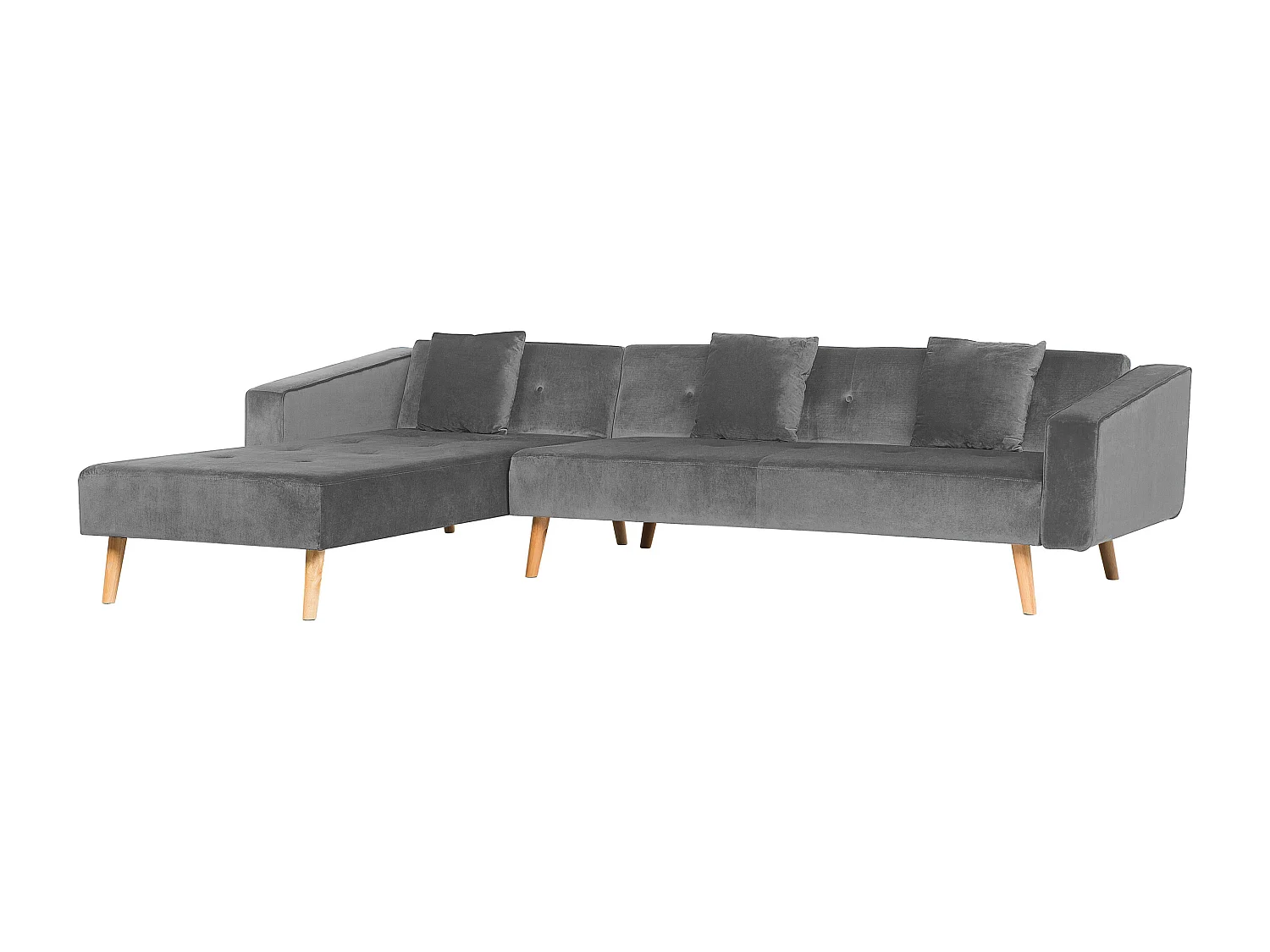 Ecksofa rechtsseitig Retro Stil Samtstoff grau mit Zierkissen Vadso