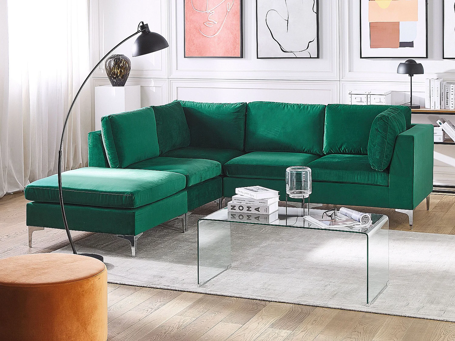 Modulaire hoekbank EVJA Fluweel Groen Met ottomaan 4-zitter Rechterzijde