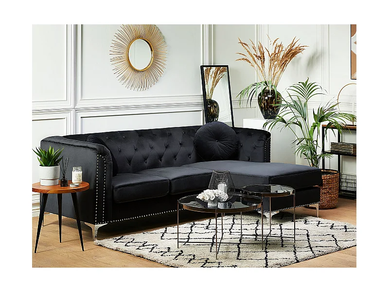 Elegantes Ecksofa aus Samtstoff linksseitig schwarz Flen