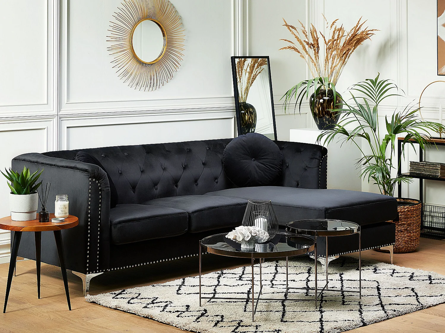 Elegantes Ecksofa aus Samtstoff linksseitig schwarz Flen