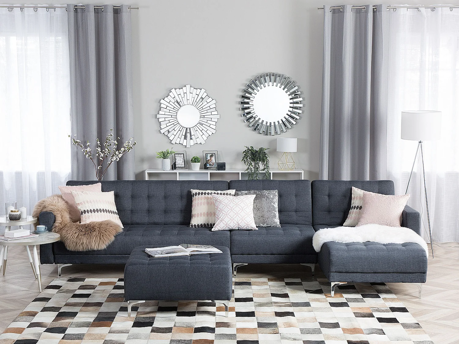 Divano letto angolare modulare ABERDEEN Tessuto Grigio scuro con ottomana 5 posti Lato Sinistro