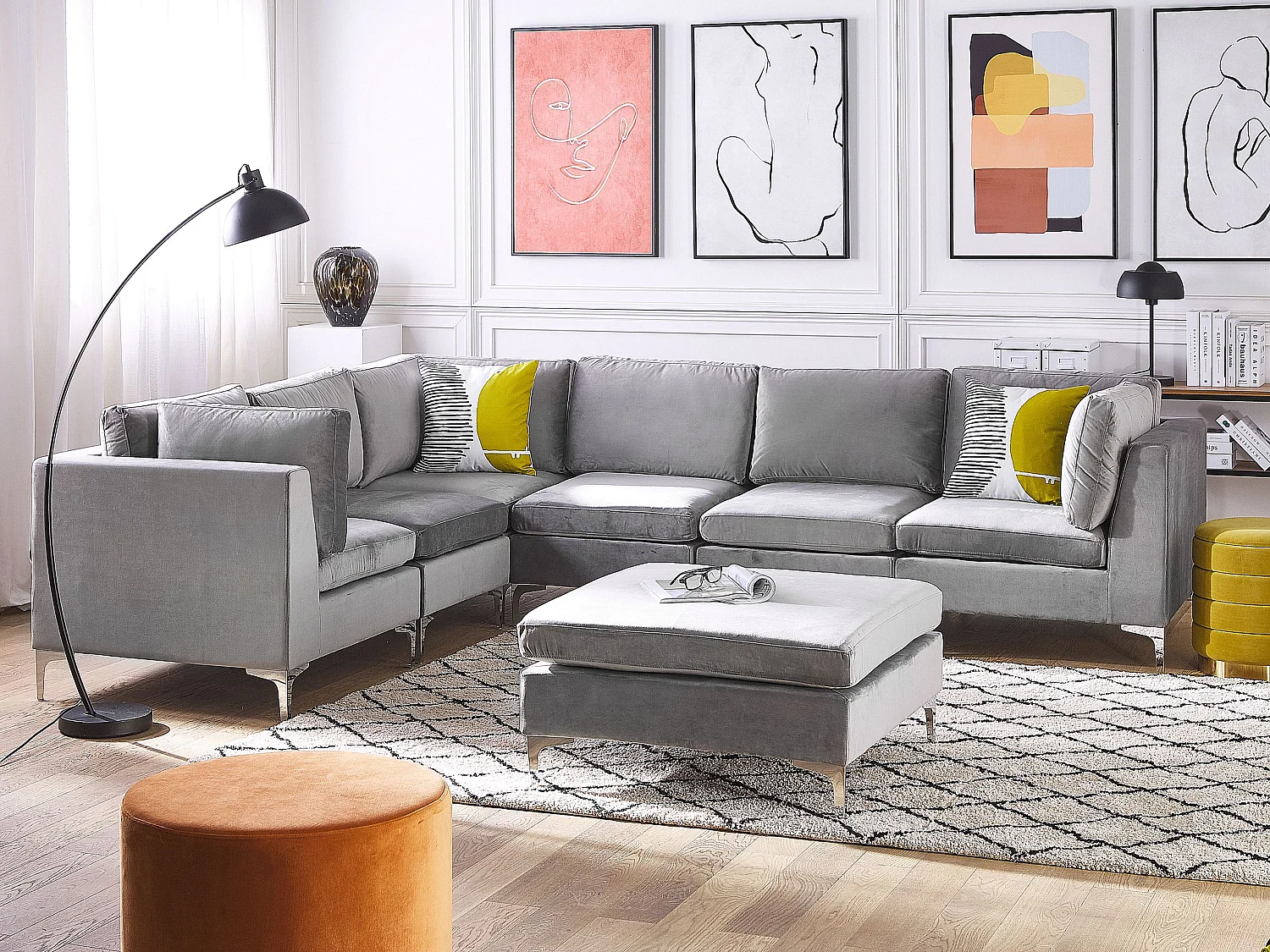 Canapé d'Angle Modulable - Evja - Côté Droit, 6 Modules et Pouf, en Velours, Gris