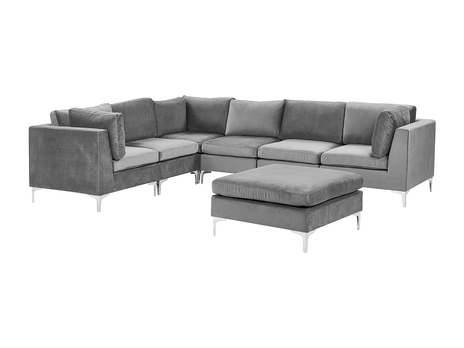 Canapé d'Angle Modulable - Evja - Côté Droit, 6 Modules et Pouf, en Velours, Gris