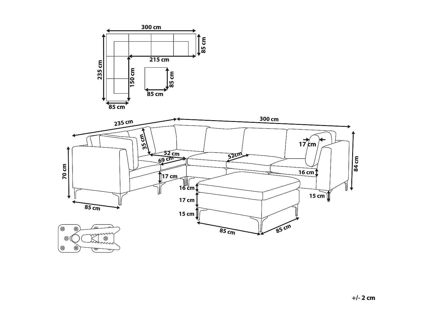Canapé d'Angle Modulable - Evja - Côté Droit, 6 Modules et Pouf, en Velours, Gris
